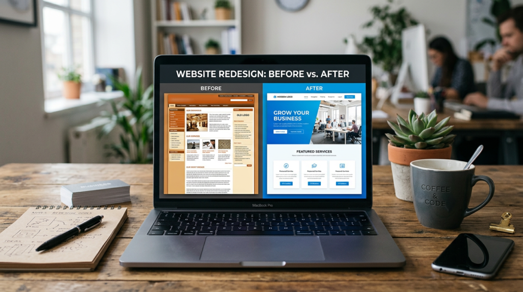 Business website redesign concept with modern layout comparison for a blog about signs a business needs a website redesign