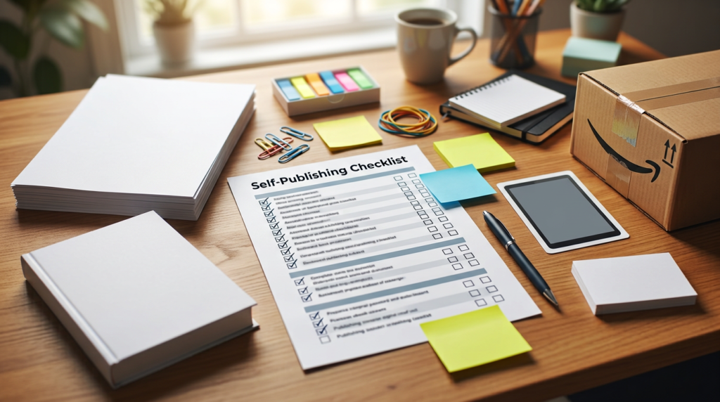 Self-publishing checklist and manuscript preparation scene for a blog about a KDP checklist for self-published authors
