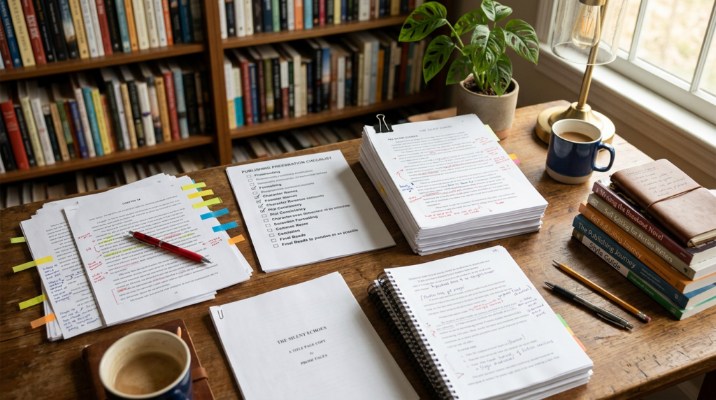 Manuscript preparation and publishing workflow scene for a blog about how to prepare a manuscript for publishing